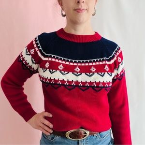 Vintage 1970s Red Navy Color Block Pullover Sweater Size Small/Medium